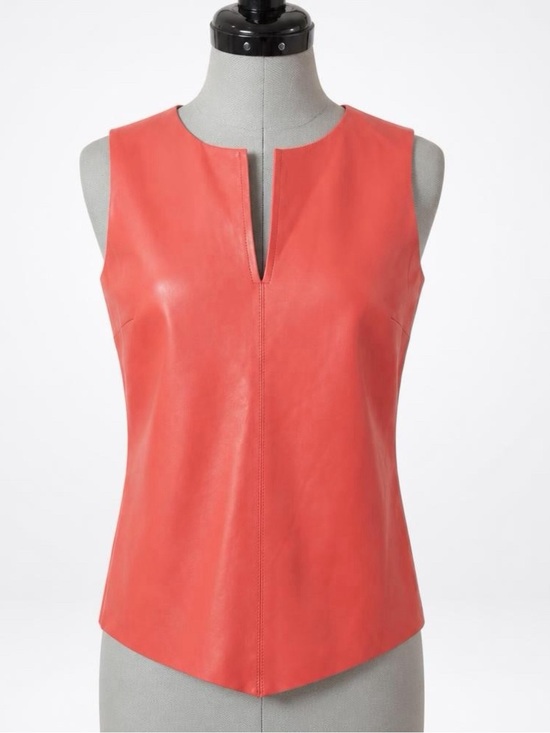 PJK Patterson J. Kincaid Tops - PJK Patterson J. Kincaid Lambskin Leather Raw hem notch top, zip, coral, XS, GUC